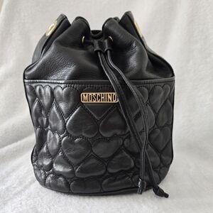 Vintage Moschino Black Heart Quilted Drawstring Bucket Bag Leather No Strap